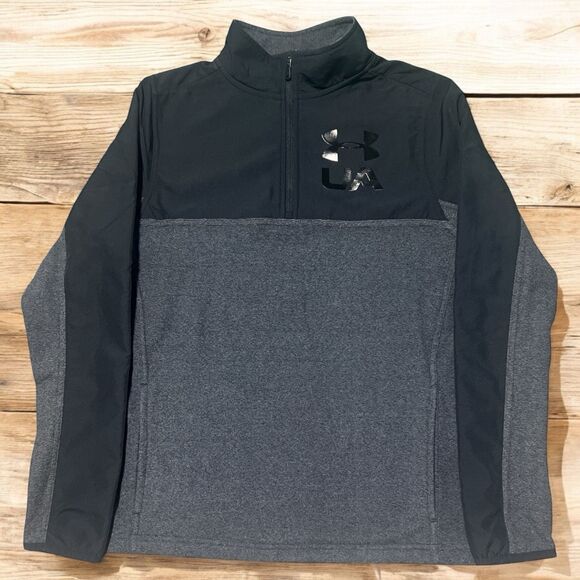 Under Armour Youth Large ColdGear 1/4 Zip Pullover Jacket Black Gray Fleece - Picture 1 of 3